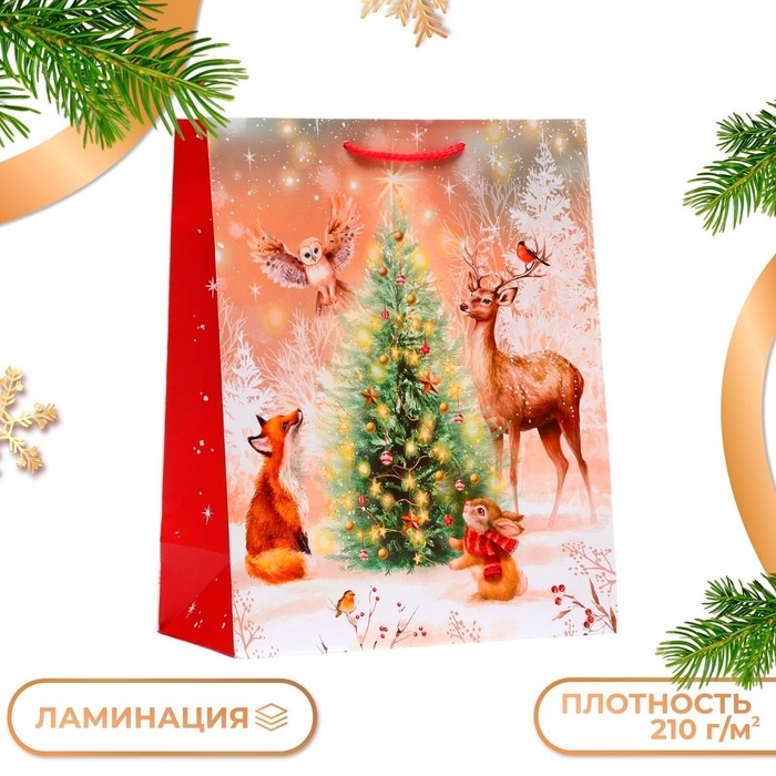 Новый год. Пакет подарочный  Новый год. Пакет подарочный "Зверята в лесу", 26 х 32 х 12 см.