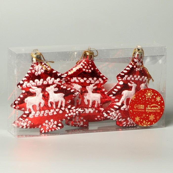 Набор украшений пластик 3 шт Набор украшений пластик 3 шт "Ёлочки с оленями" 7х9 см, красный