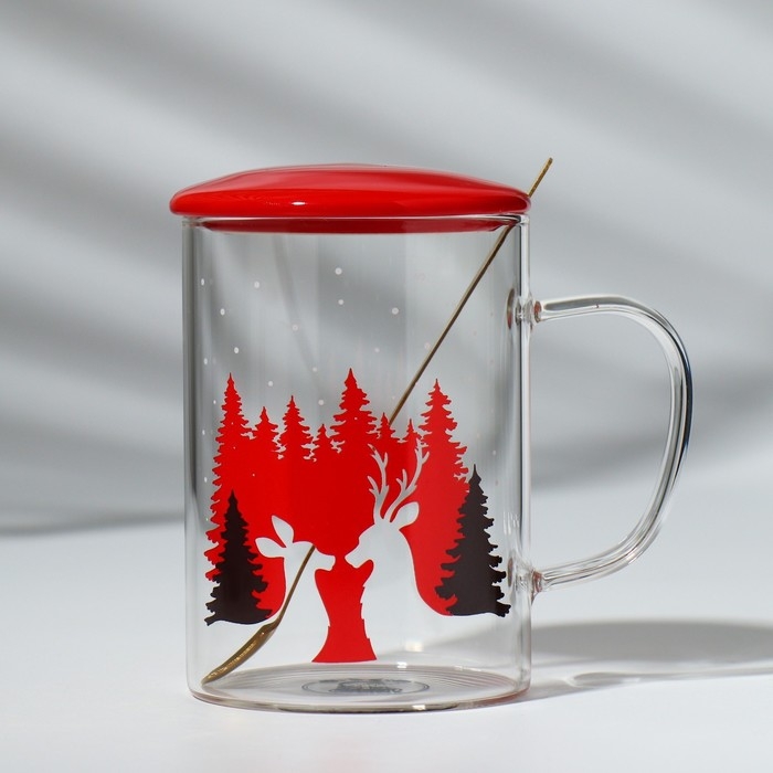 Новый год. Кружка стеклянная с ложкой и крышкой «Зимний лес», 470 мл Новый год. Кружка стеклянная с ложкой и крышкой «Зимний лес», 470 мл