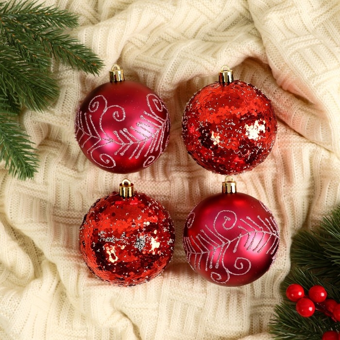 Набор шаров пластик d-8 см, 4 шт Набор шаров пластик d-8 см, 4 шт "Ночка" узоры, красный
