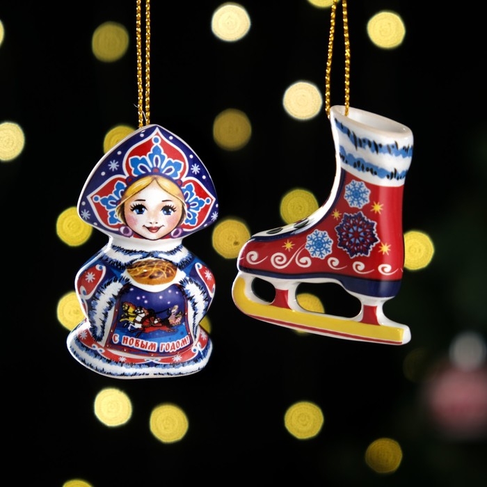 Набор ёлочных игрушек Набор ёлочных игрушек "Снегурочка и конек", 6 см