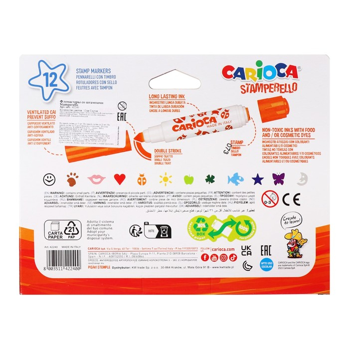 Фломастеры двусторонние 12 цветов, Carioca  Фломастеры двусторонние 12 цветов, Carioca "Stamperello", с трафаретами, смываемые чернила, в картонной коробке