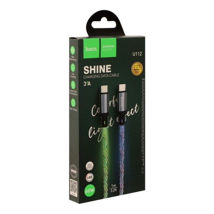 Кабель Hoco U112, Type-C - Type-C, 3 A, 1 м, светящийся, cерый Кабель Hoco U112, Type-C - Type-C, 3 A, 1 м, светящийся, cерый