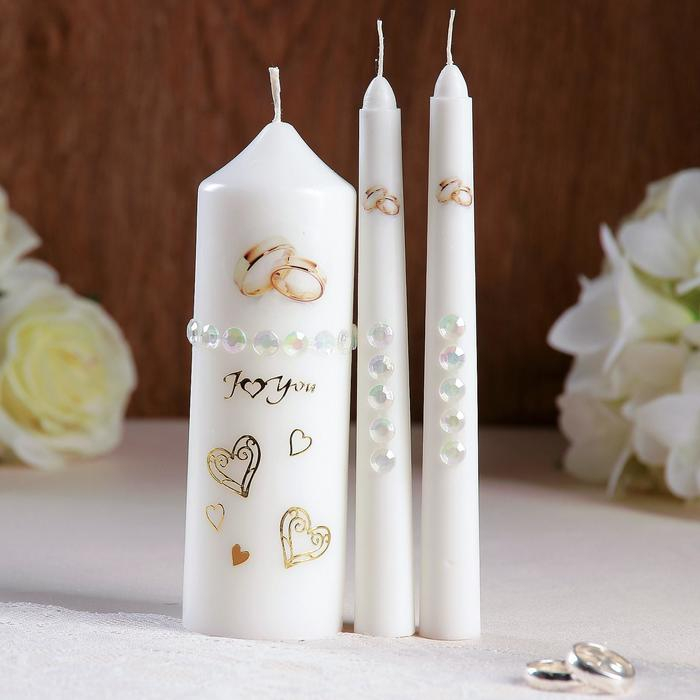 Набор свадебных свечей с бусинами  Набор свадебных свечей с бусинами "Обручальные кольца", белый, ручная работа, микс