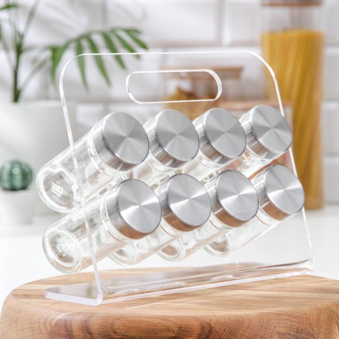 Набор для специй на подставке «Хай-тек», 16×16×16 см, ёмкость, 90 мл, 4×9,5 см, 8 шт Набор для специй на подставке «Хай-тек», 16×16×16 см, ёмкость, 90 мл, 4×9,5 см, 8 шт