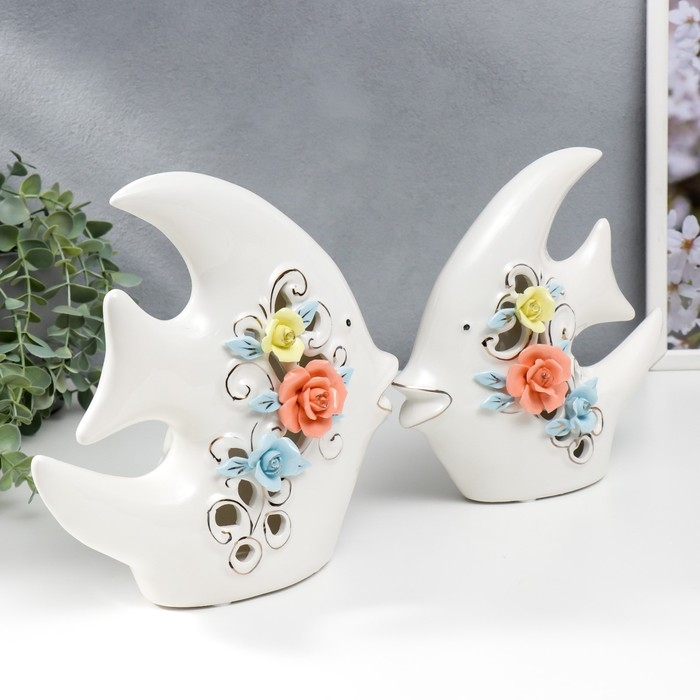 Сувенир керамика Сувенир керамика "Две рыбки-скалярии с цветами" набор 2 шт 18,5х7,5х21 22,5х8,5х24,5 см