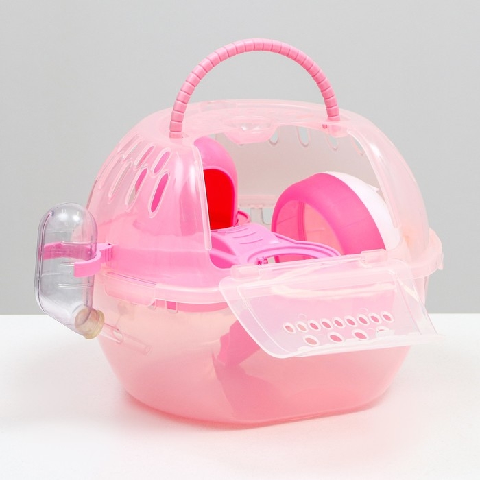 Переноска для грызунов Carno с домиком, полкой, поилкой, 29х23х23 см, розовая