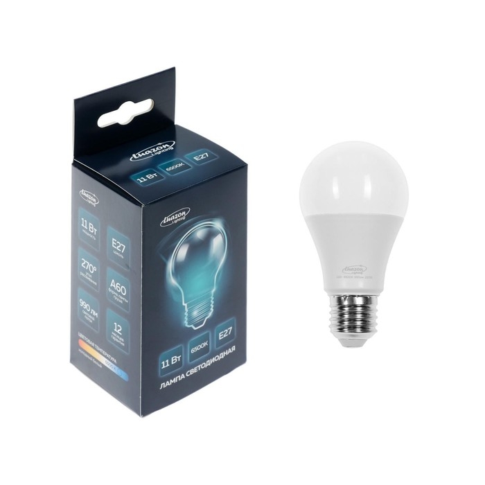 Лампа светодиодная Luazon Lighting, A60, 11 Вт, E27, 990 Лм, 6500 К, холодный белый Лампа светодиодная Luazon Lighting, A60, 11 Вт, E27, 990 Лм, 6500 К, холодный белый