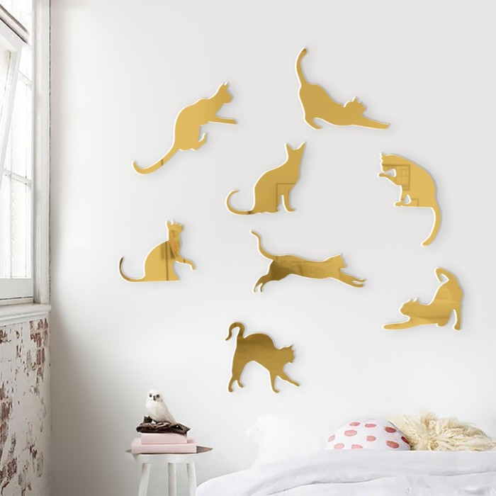 Наклейки интерьерные Наклейки интерьерные "Котики", зеркальные, декор на стену, набор 8 шт