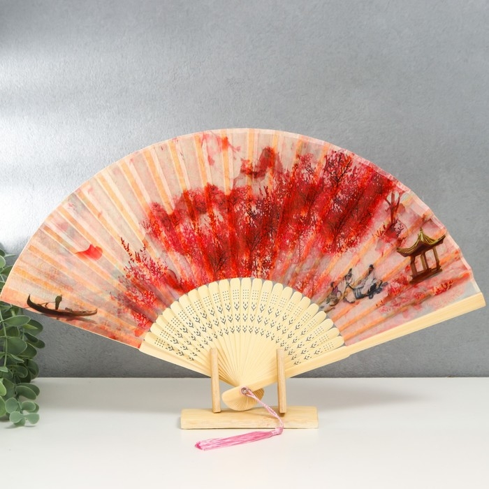 Веер бамбук, текстиль h=23 см  Веер бамбук, текстиль h=23 см "Вечер на реке" красный, с кисточкой