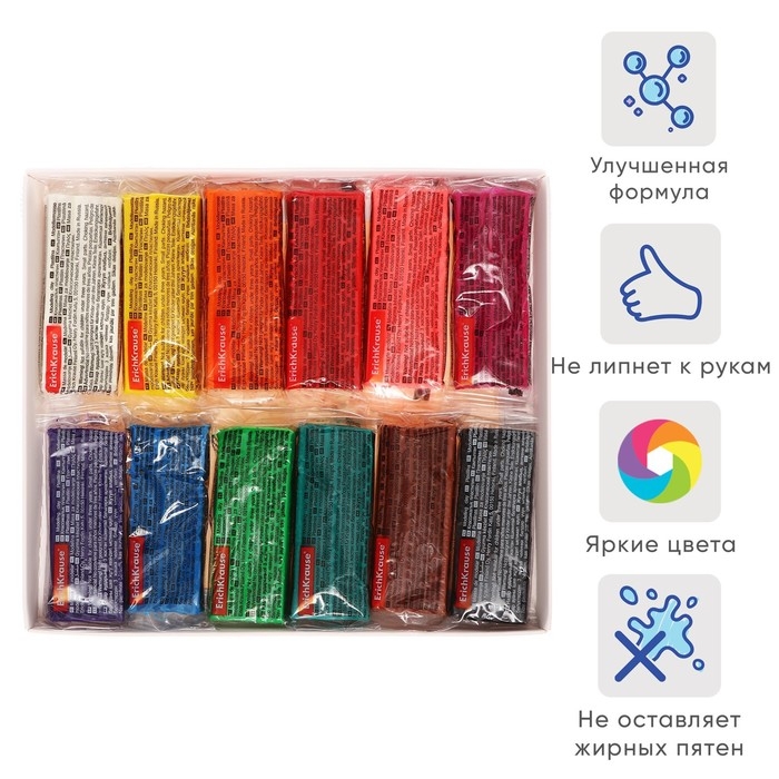 Пластилин со стеком 12 цветов, 180 г, ErichKrause Пластилин со стеком 12 цветов, 180 г, ErichKrause "Pointes", в картонной упаковке