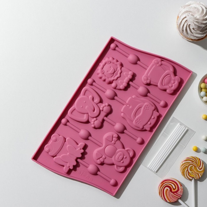 Форма для леденцов Доляна «Звери», силикон, 27,5×16,5 см, 6 ячеек (6,4×6,4), с палочками, цвет МИКС Форма для леденцов Доляна «Звери», силикон, 27,5×16,5 см, 6 ячеек (6,4×6,4), с палочками, цвет МИКС