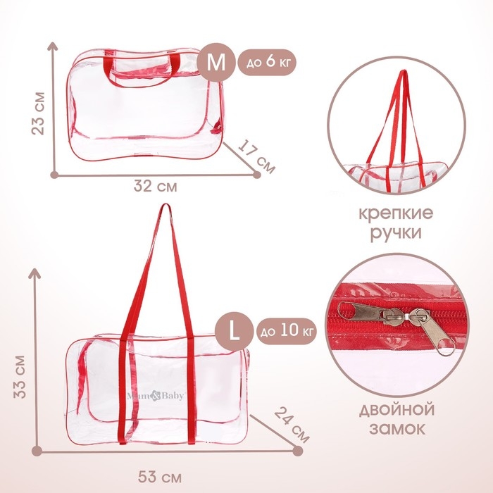 Сумка в роддом, с косметичкой, размер 33х53х24 см, набор 2 шт., цвет прозрачный/красный, Mum&Baby Сумка в роддом, с косметичкой, размер 33х53х24 см, набор 2 шт., цвет прозрачный/красный, Mum&Baby