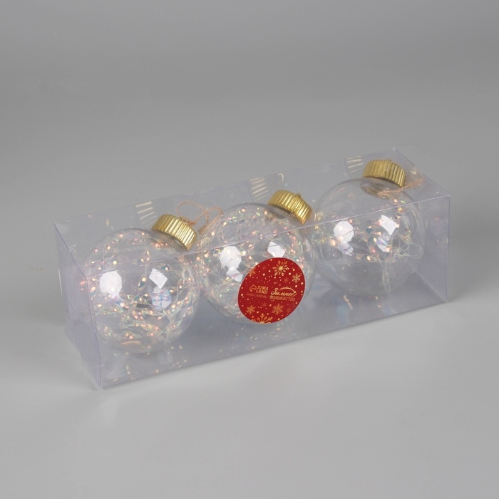 Набор шаров пластик d-8 см, 3 шт Набор шаров пластик d-8 см, 3 шт "Джотто" перламутр прозрачный