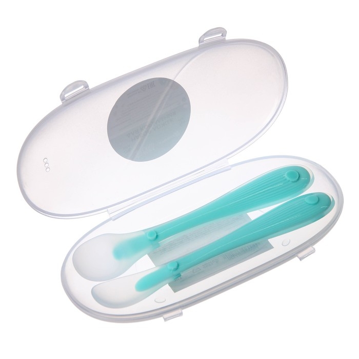 Набор силиконовых ложек для кормления, 2 шт., в контейнере, цвет бирюзовый Набор силиконовых ложек для кормления, 2 шт., в контейнере, цвет бирюзовый