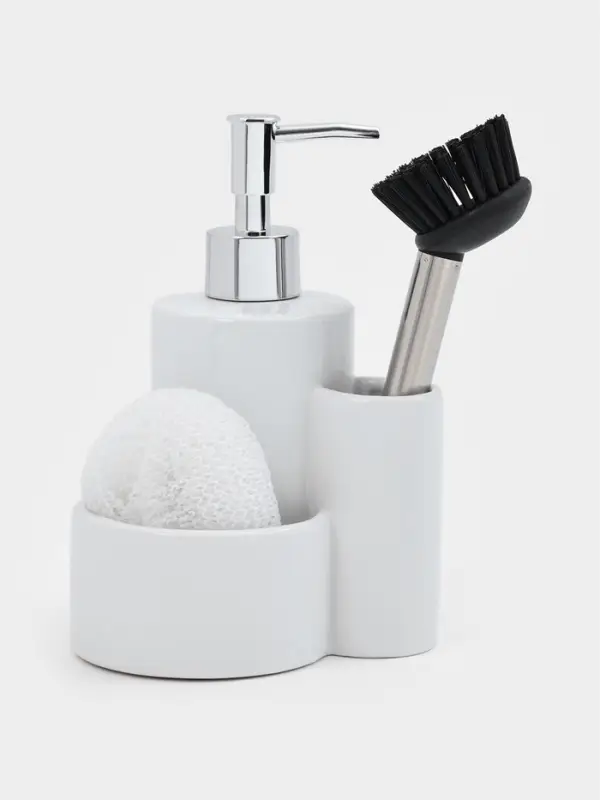 Дозатор для моющего средства Доляна &laquo;Милитари&raquo;, 370 мл, с губкой и щёткой, белый