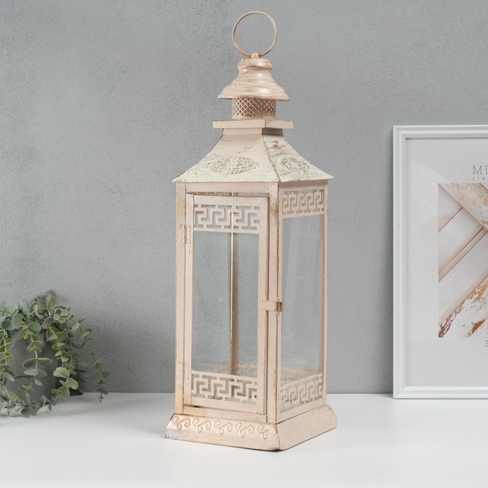 Подсвечник металл, стекло на 1 свечу фонарик Подсвечник металл, стекло на 1 свечу фонарик "Ажурный ромб" белый с патиной 52,5х17,5х17,5см 54492