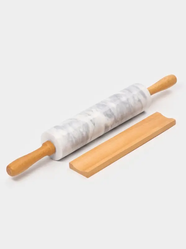 Скалка Magistro, 46&times;6&times;5 см, раб. часть 24.8 см, мрамор, ручки из бука, белая