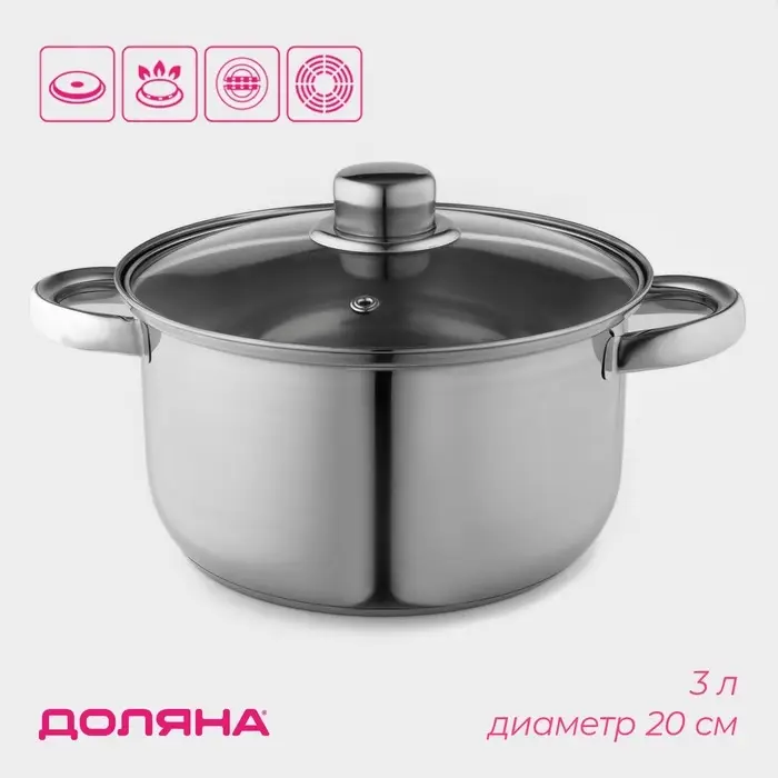 Кастрюля Доляна «Классика», 3 л, d=20 см, с крышкой, капсульное дно, нержавеющая сталь, хромированная Кастрюля Доляна «Классика», 3 л, d=20 см, с крышкой, капсульное дно, нержавеющая сталь, хромированная