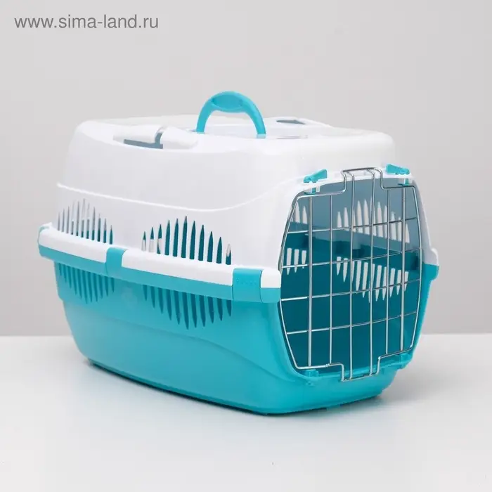 Переноска для животных до 12 кг &laquo;Пижон&raquo;, 49&times;33&times;32 см, металлическая дверь, пластик, белая, бирюзовая