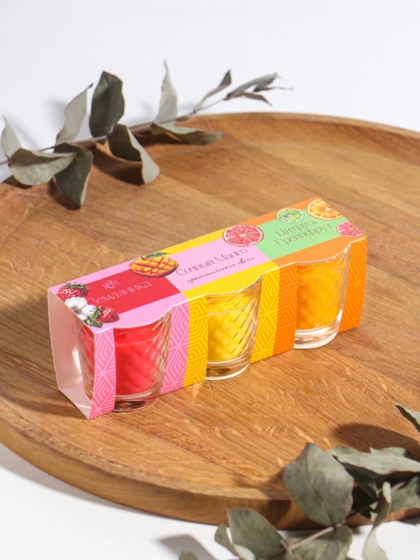 Свеча ароматическая в стакане (набор 3 шт) по 50 мл, 10 ч, 32 гр, ЗЕМЛЯНИКА, МАНГО, ЦИТРУС Свеча ароматическая в стакане (набор 3 шт) по 50 мл, 10 ч, 32 гр, ЗЕМЛЯНИКА, МАНГО, ЦИТРУС