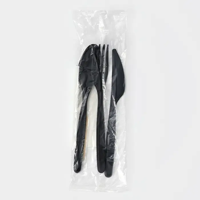 Набор пластиковых одноразовых столовых приборов «Элит», 5 предметов: вилка, ложка, нож, зубочистка, салфетка, 18 см, чёрный Набор пластиковых одноразовых столовых приборов «Элит», 5 предметов: вилка, ложка, нож, зубочистка, салфетка, 18 см, чёрный