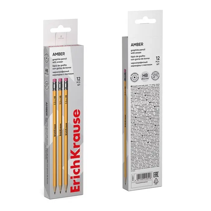Карандаш чернографитный с ластиком, ErichKrause, Amber 101, НВ, дерево, шестигранный, в коробке, жёлтый корпус Карандаш чернографитный с ластиком, ErichKrause, Amber 101, НВ, дерево, шестигранный, в коробке, жёлтый корпус