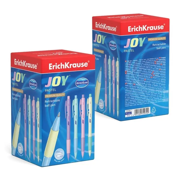 Ручка шариковая автоматическая ErichKrause JOY Pastel, узел 0.7 мм, чернила синие, супермягкое письмо, длина линии письма 1300 метров, МИКС