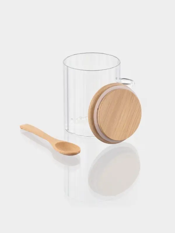 Сахарница BellaTenero, 500 мл, 8&times;8&times;10.4 см, с бамбуковой крышкой, держателем для ложки, стекло, прозрачная