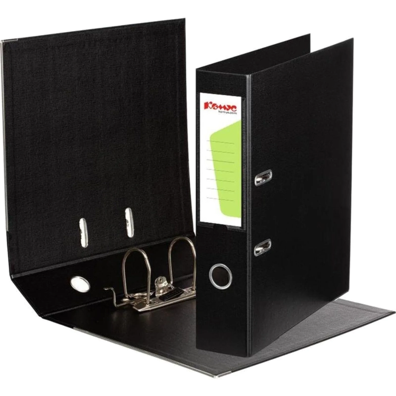 Папка-регистратор Комус Стандарт 75мм&nbsp; черная, ПБП2, карм.кор., мет.уг