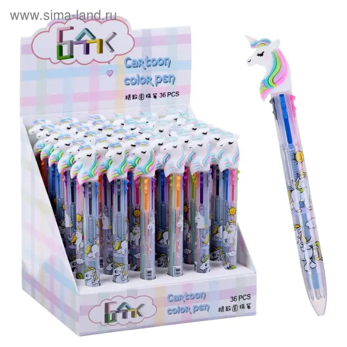 Ручка шариковая многоцветная, автоматическая &laquo;Единорог&raquo;, 6 цветов (штрихкод на штуке)