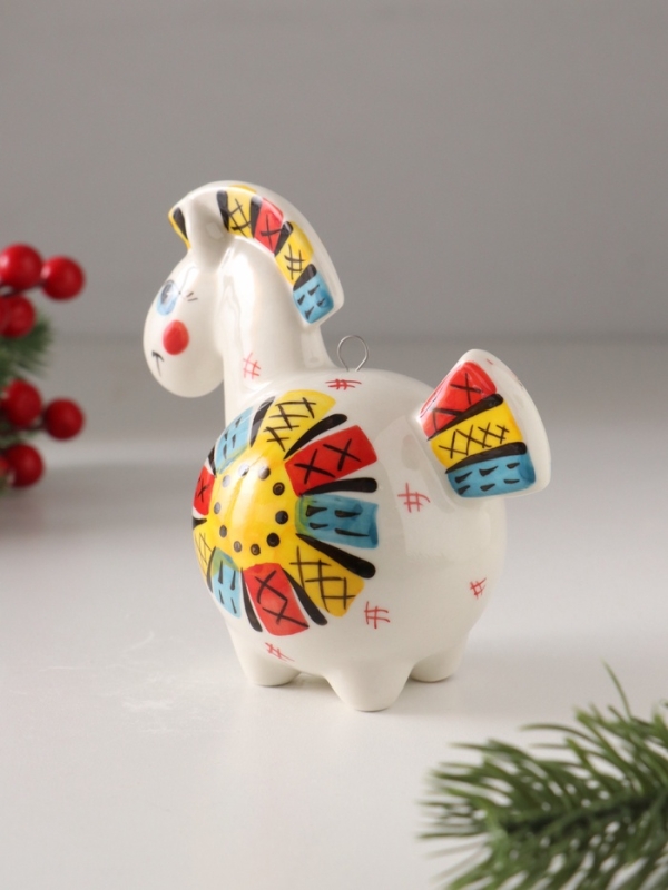 Ёлочный фарфоровый шар Ёлочный фарфоровый шар "Лошадь Солнце Лоскутное" /авторская роспись/, 11 см