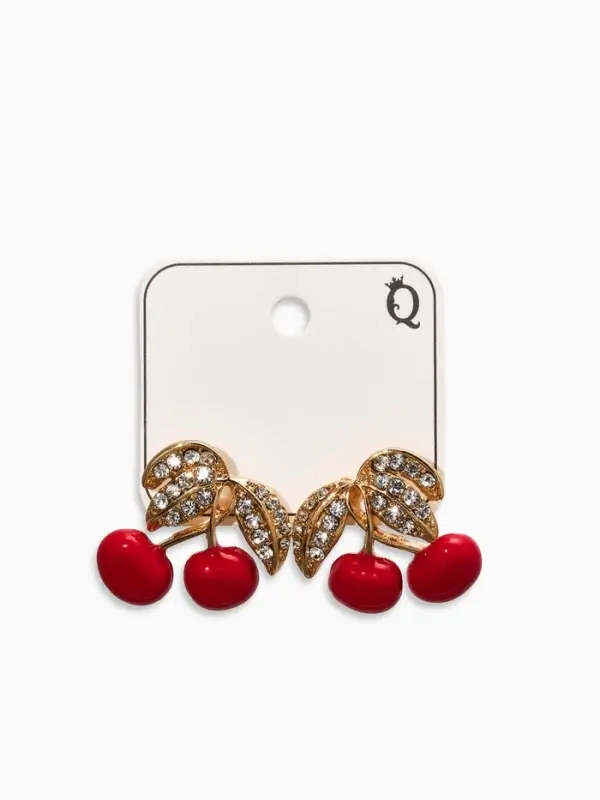 Серьги со стразами &laquo;Вишня&raquo;, бело-красные в золоте