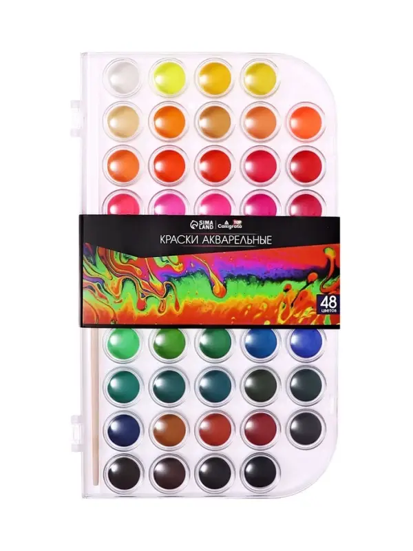 Краски акварельные 48 цветов, круглые, диаметр кюветы 23 мм, с кистью, пластиковый пенал, CALLIGRATA TOP