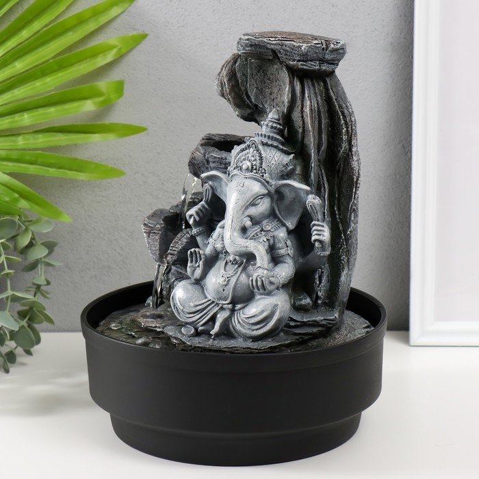 Фонтан настольный от сети, подсветка Фонтан настольный от сети, подсветка "Серый Ганеша в каменном гроте" 21х21х28 см