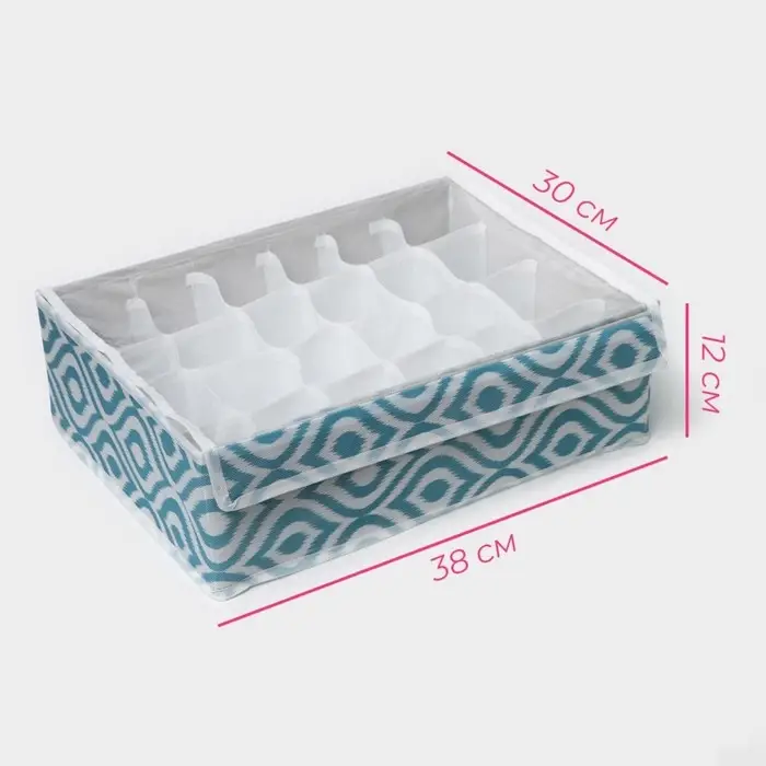 Органайзер для хранения белья Доляна &laquo;Лагуна&raquo;, 24 ячейки, с прозрачной крышкой, 38&times;30&times;10 см, бирюзовый