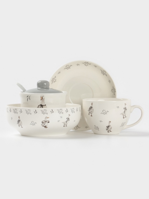 Сахарница с ложкой Доляна "Гуси" цвет белый  10х9 см 300 мл