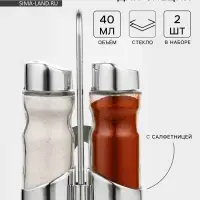 Набор для специй Доляна &laquo;Эксклюзив&raquo;, 40 мл, 2 предмета: солонка, перечница, салфетница - подставка, стекло, пластик, прозрачный