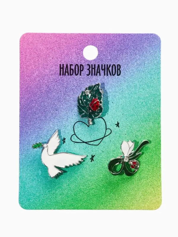 Броши "Голубь, листик, подснежник" (набор 3шт), цветной в серебре