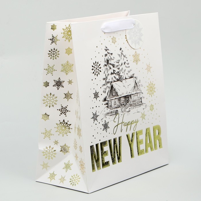 Пакет подарочный новогодний ламинированный вертикальный, конгревное тиснение «Новогодний домик», ML 23 х 27 х 11.5 см, Новый год Пакет подарочный новогодний ламинированный вертикальный, конгревное тиснение «Новогодний домик», ML 23 х 27 х 11.5 см, Новый год