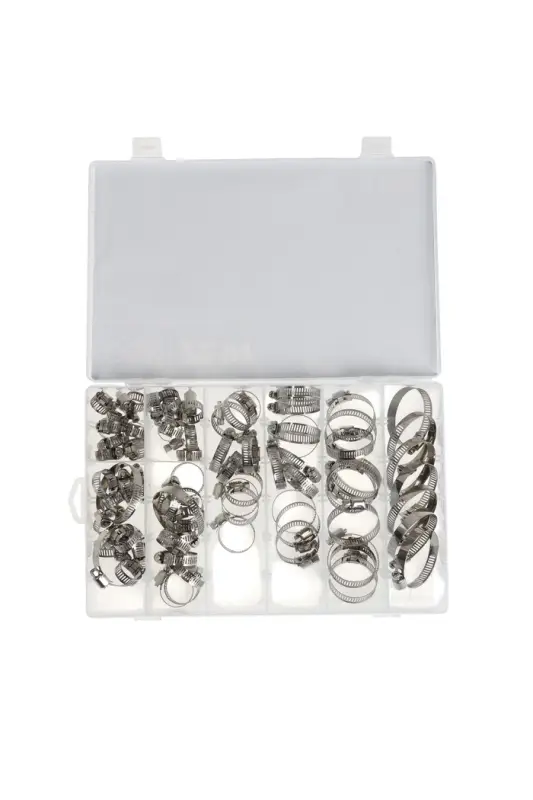 Набор червячных хомутов ZEIN engr, сквозная просечка, от 6 до 44 мм, нерж. сталь, 80 шт.