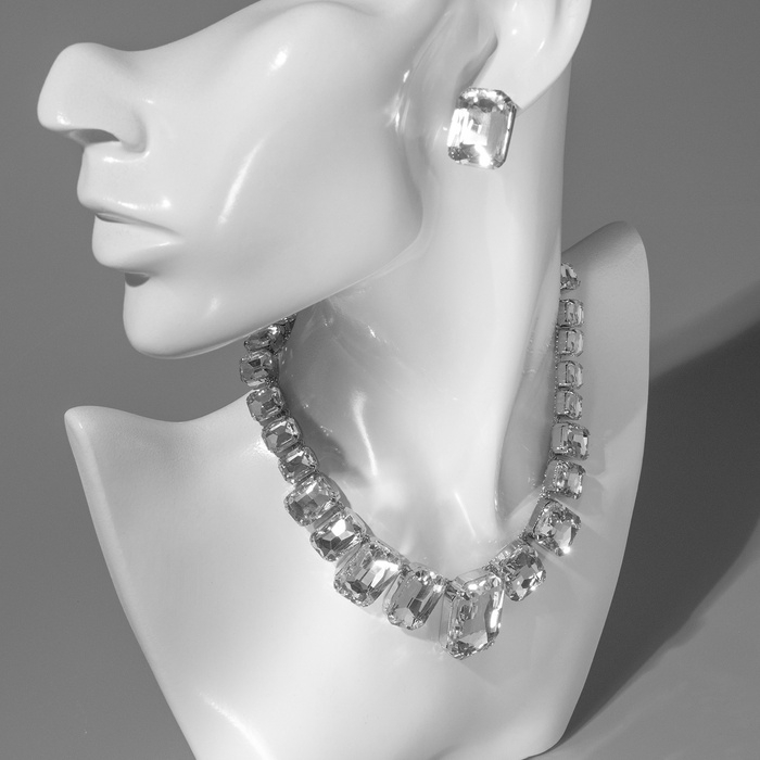 Набор 4 предмета: серьги, колье, браслет, кольцо «Вечерний» объём, белый в серебре Набор 4 предмета: серьги, колье, браслет, кольцо «Вечерний» объём, белый в серебре