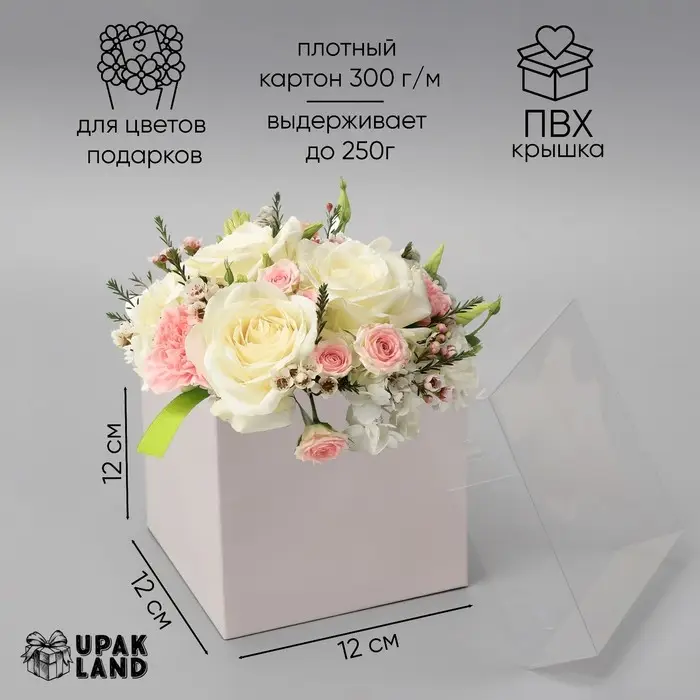 Коробка для цветов с PVC крышкой, 12×12×12 см, белая Коробка для цветов с PVC крышкой, 12×12×12 см, белая