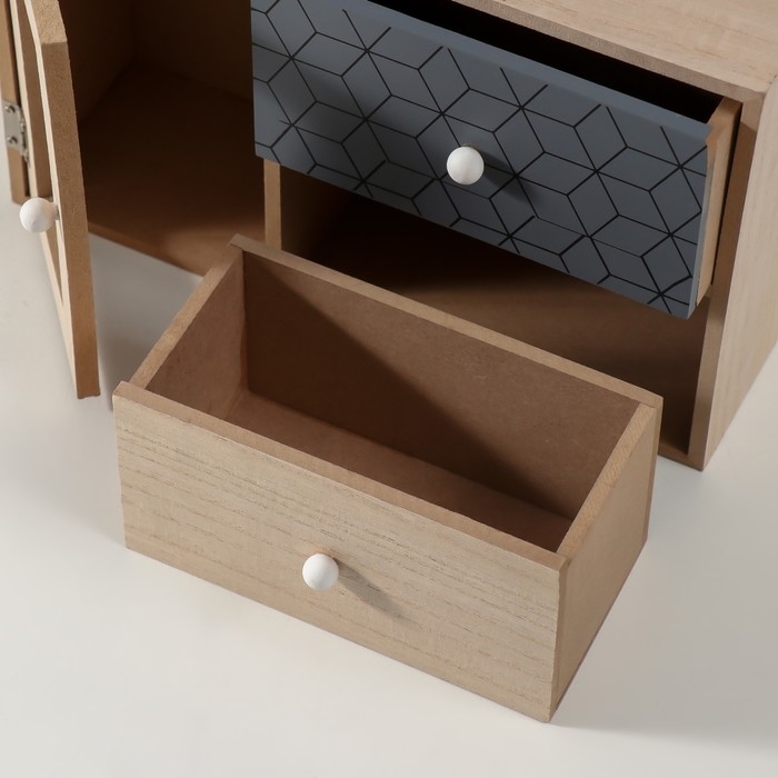 Шкатулка дерево 2 ящика и дверца  Шкатулка дерево 2 ящика и дверца "Геометрия" беж с чёрным 9,5х28х18,5 см
