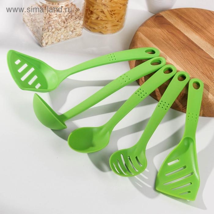Набор кухонных принадлежностей Доляна &laquo;Точки&raquo;, 5 предметов, цвет зелёный