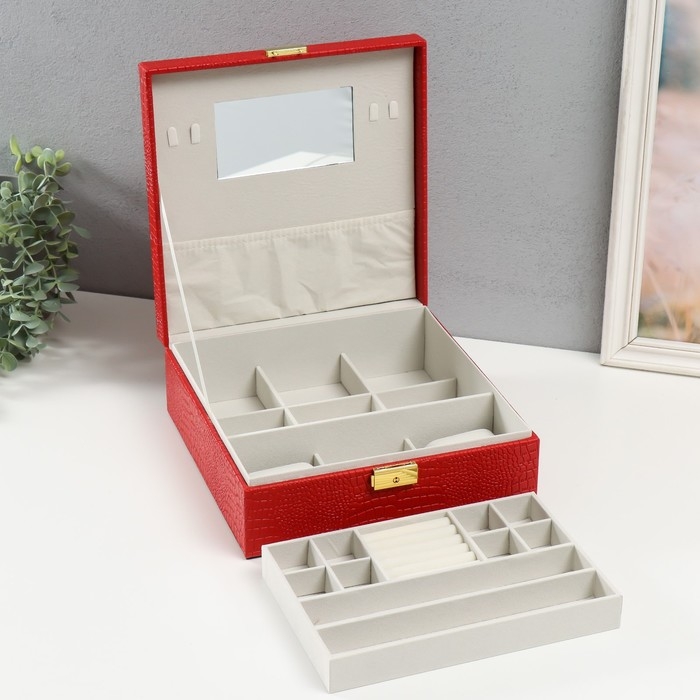 Шкатулка кожзам под часы 2 отделения и бижутерию  Шкатулка кожзам под часы 2 отделения и бижутерию "Кожа крокодила" красная 26х26,5х10 см