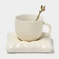 Чайная пара &laquo;Зефирка&raquo;, 3 предмета: чашка 250 мл, блюдце d=13.7 см, ложка, керамика, бежевая