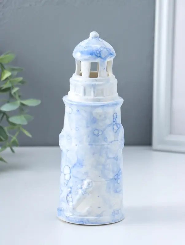 Сувенир керамика свет "Маяк" мраморный бело-синий 6,5х6,5х18 см