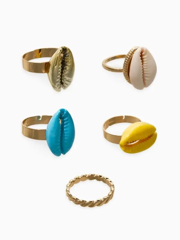 Набор колец 5 шт "Новый стиль" ракушки, размер МИКС, цветные в золоте