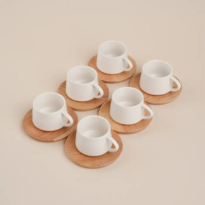 Сервиз чайный фарфоровый SL Home «Тренто», 12 предметов: 6 чашек 90 мл, 6 деревянных подставок